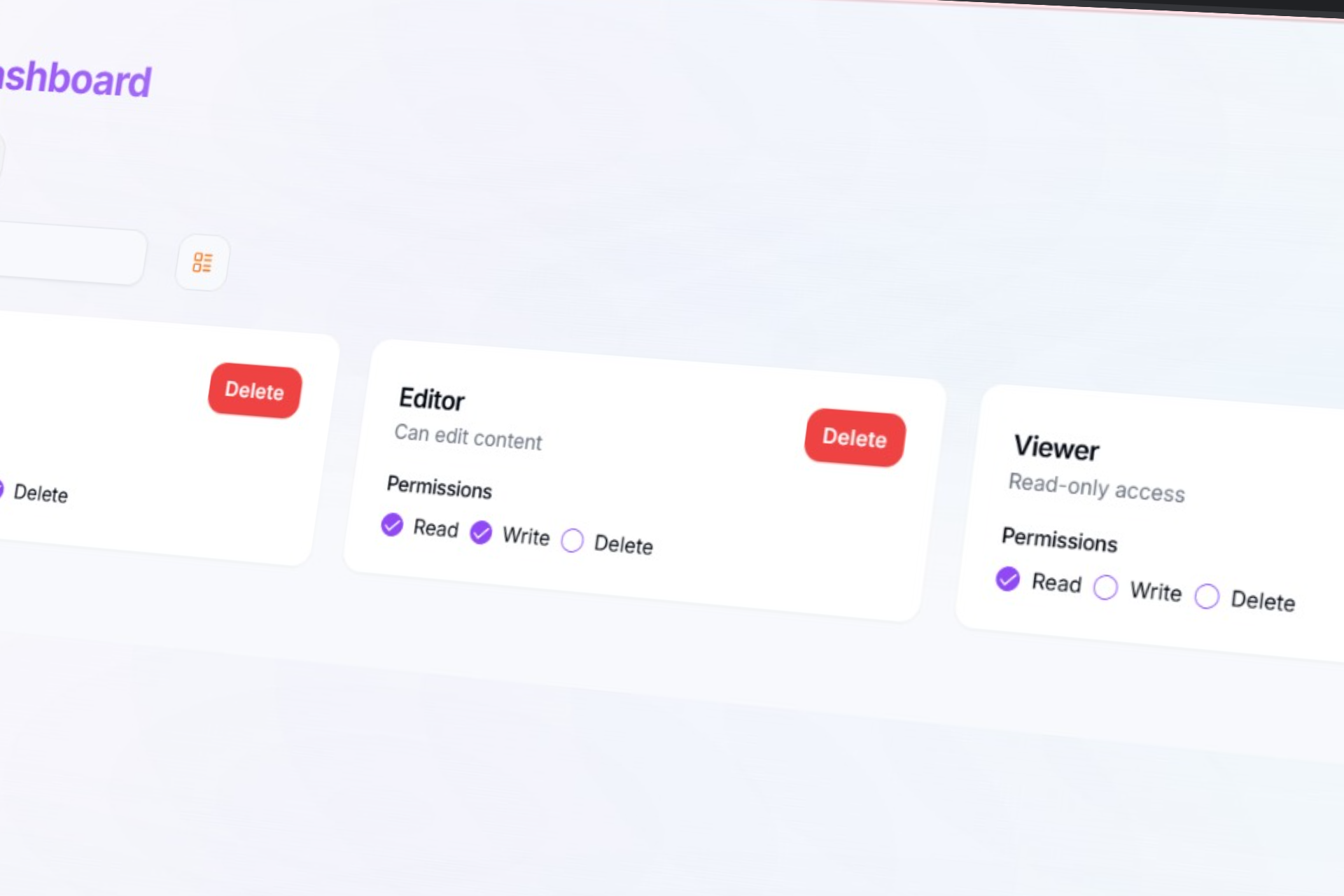 Dashboard layout iterations and permission matrix design.
